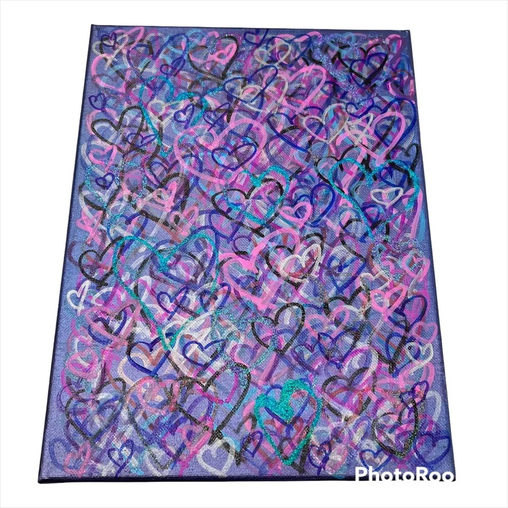 HANDCRAFTED MIXED MEDIA COLORFUL GRAFFITI HEARTS - SHADES OF PURPLE, BLUE & PINK